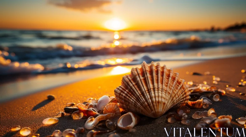 Seashell on Beach at Sunset AI Image