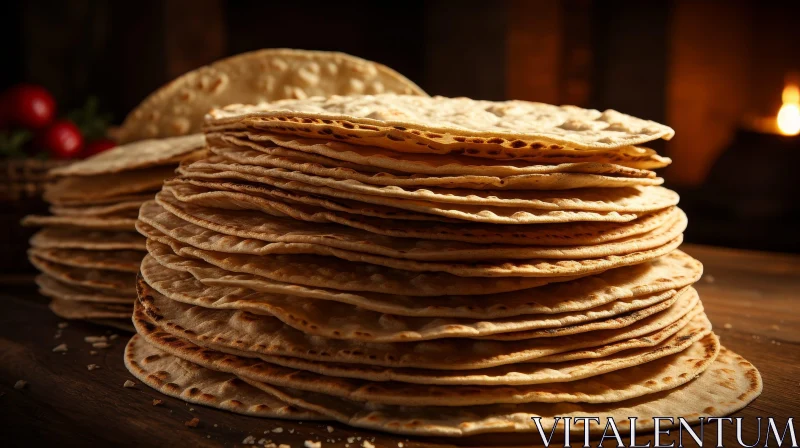 Stack of Thin Toasted Flatbreads on Wooden Table AI Image