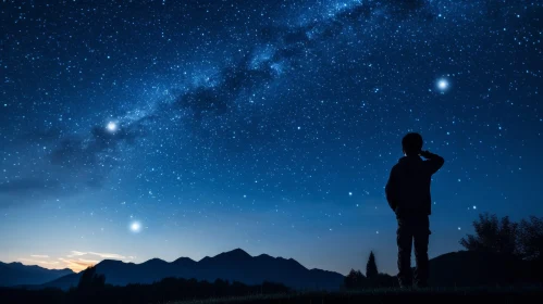 Starry Night Sky Landscape with Mountain Range and Young Boy