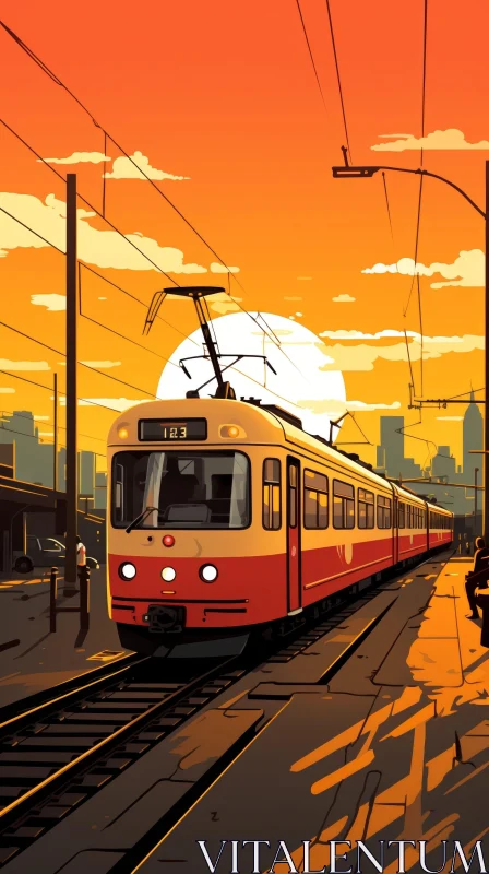 AI ART Tram in Cityscape at Sunset - Digital Painting