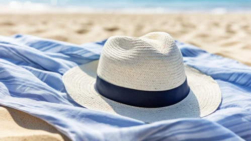 Tranquil Beach Scene with Straw Hat and Towel