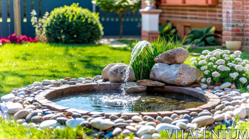 Tranquil Garden with Stone Fountain and Pond AI Image