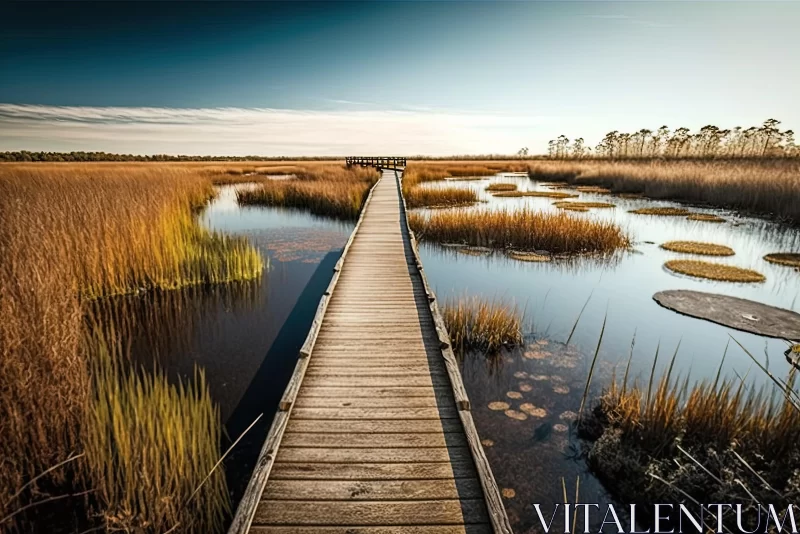 Captivating Coastal Scenery: A Wooden Boardwalk through a Swamp to Reeds AI Image