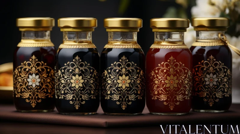 AI ART Elegant Glass Bottles with Floral Design and Colored Liquids