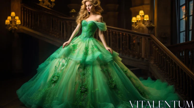 Elegant Young Woman in Green Ball Gown on Staircase AI Image