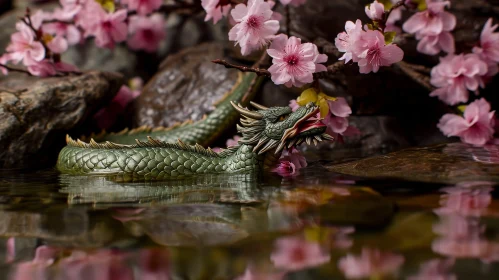 Enchanting Dragon Figurine in Pond with Cherry Blossoms