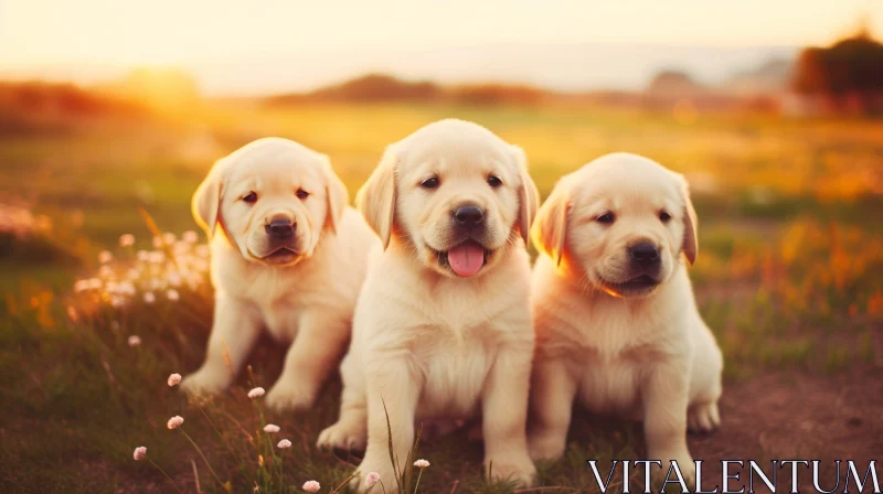AI ART Golden Retriever Puppies at Sunset