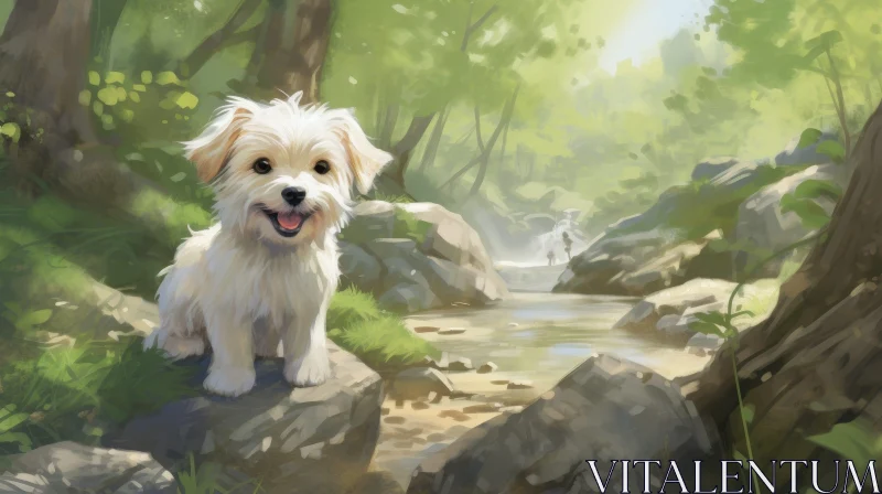 AI ART Happy White Puppy in Forest Painting