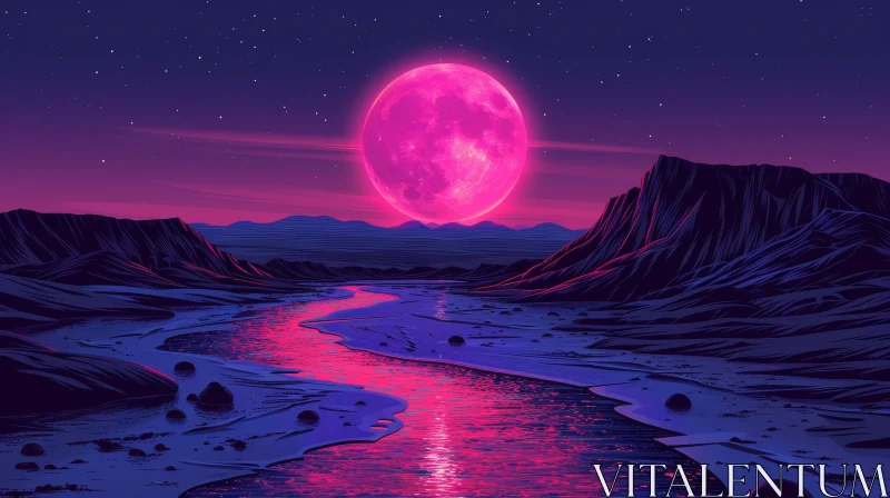 Pink Moon Rising Landscape - Serene Nature Scene AI Image