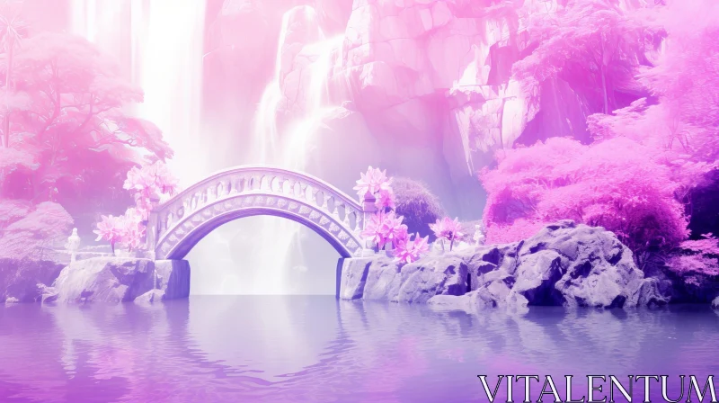Tranquil Waterfall Landscape with Pink Trees and Bridge AI Image