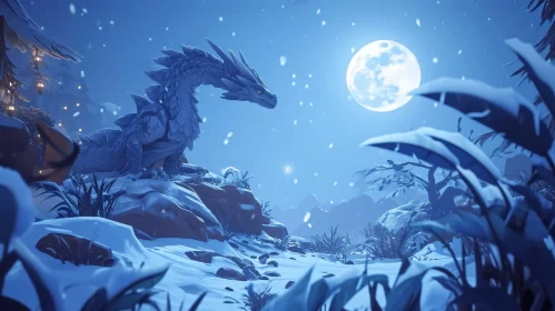 White Dragon in Snowy Landscape - Moonlit Fantasy Scene