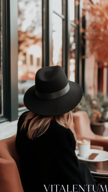 Woman in Black Hat Sitting in Cafe AI Image