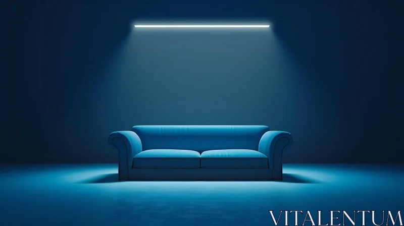 Blue Couch in Dark Room 3D Rendering AI Image