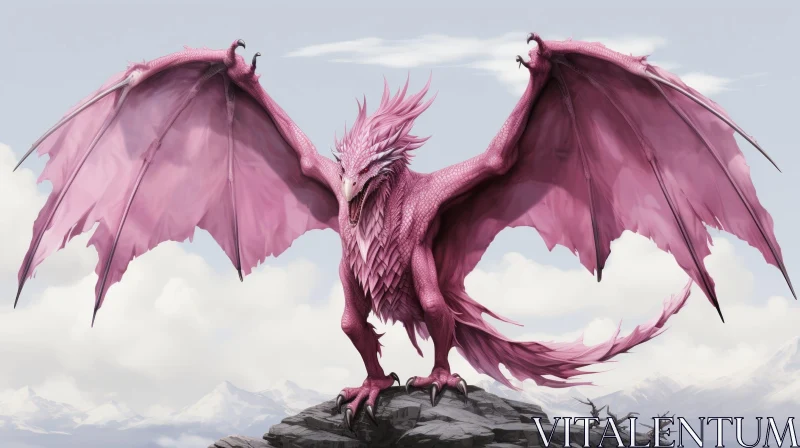 Pink Dragon Digital Painting - Mountain Range Fantasy Art AI Image