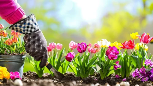 Pink Glove Gardener Planting Tulips - Nature Image