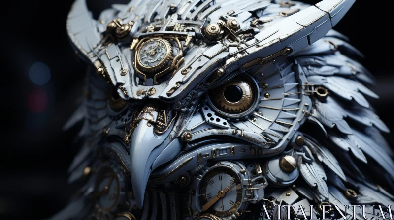 Steampunk Owl 3D Rendering - Metal Clock Owl AI Image