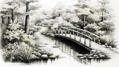 Tranquil Forest Bridge Pencil Drawing