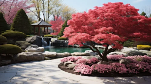 Tranquil Japanese Garden with Red Maple Tree and Waterfall