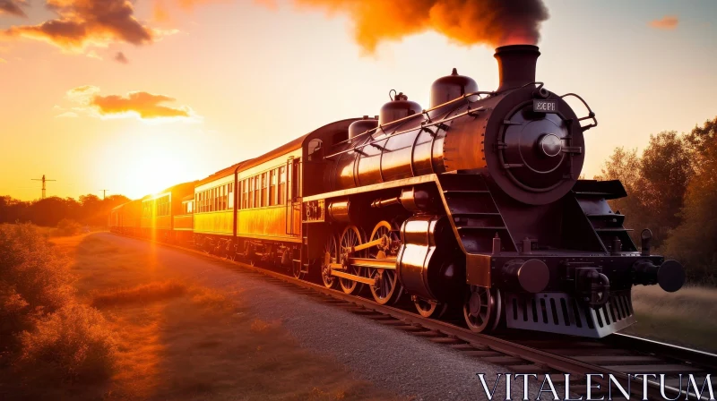 Vintage Steam Locomotive Passenger Train at Sunset AI Image
