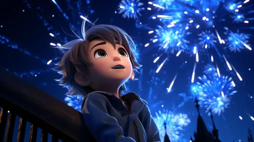 Young Boy Watching Fireworks Display in 3D Rendering