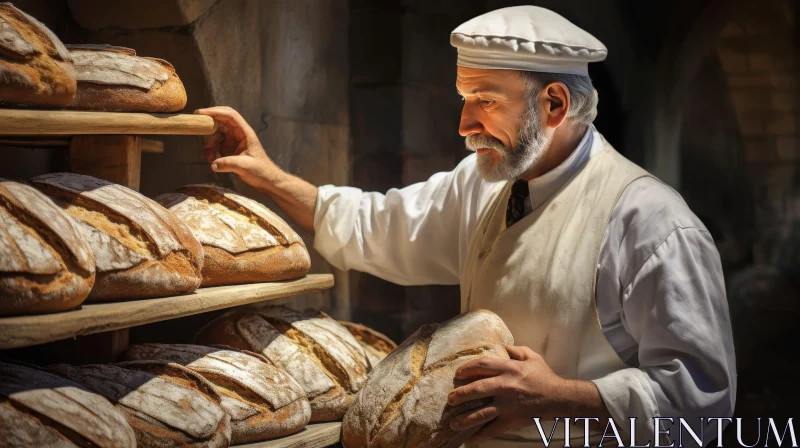Baker Inspecting Loaf of Bread in Bakery AI Image
