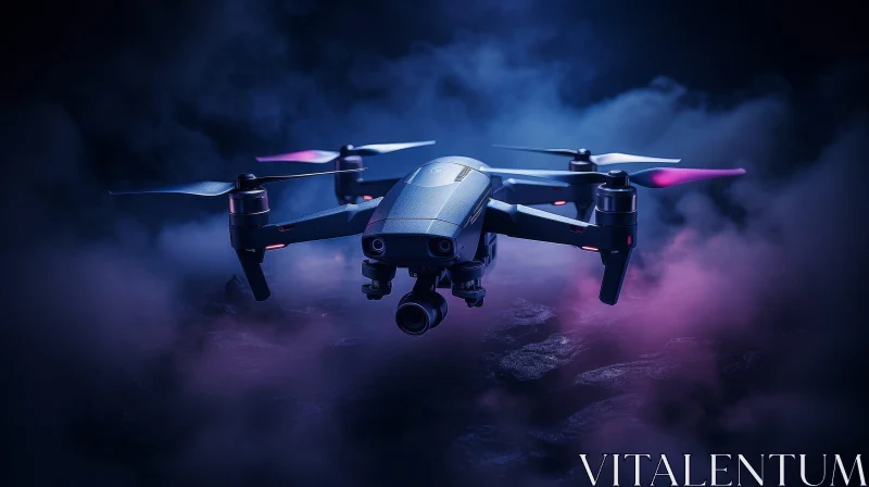 Black Drone with Red and Blue Propellers in Smoky Environment AI Image
