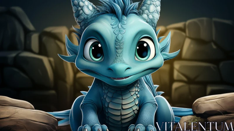 Blue Dragon 3D Rendering in Dark Cave AI Image