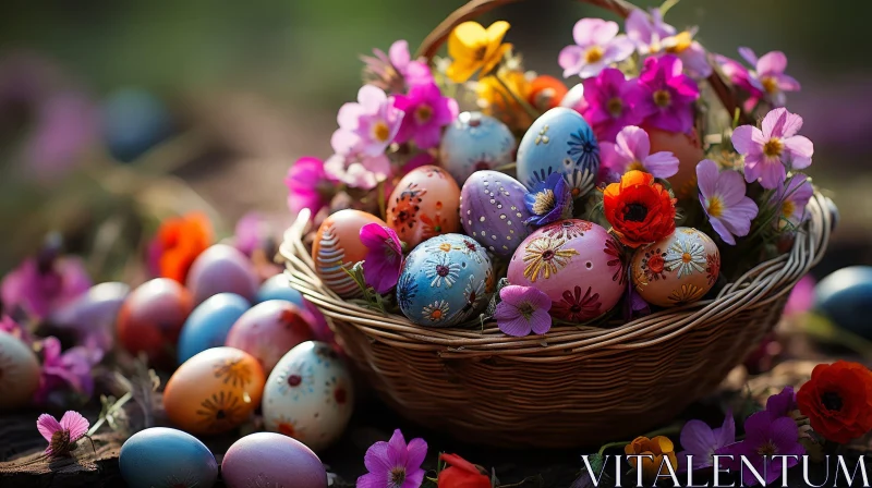 Colorful Easter Eggs and Spring Flowers Basket AI Image