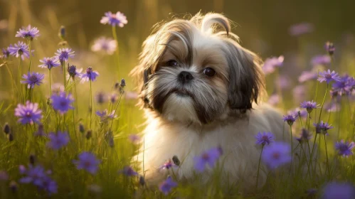 Cute Dog in Field of Purple Flowers