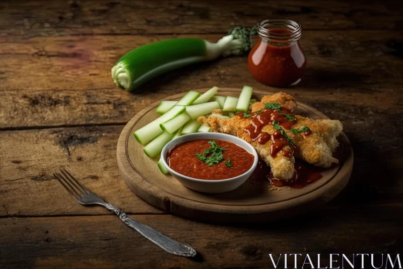 AI ART Delicious Spicy Chicken with Vegetables on a Wooden Plate