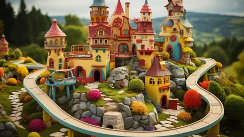 Enchanting 3D Fairy Tale Village with Mountain View