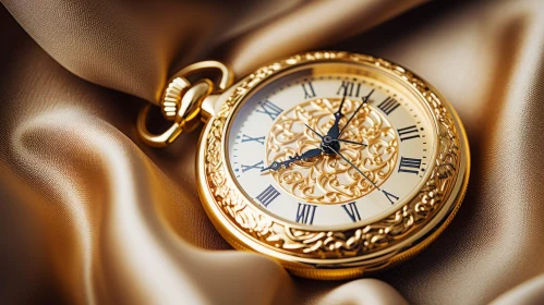 Exquisite Gold Pocket Watch on Silk Background