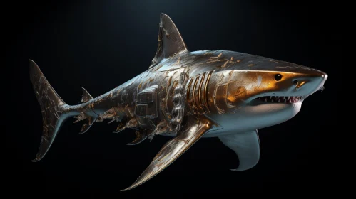 Golden Steampunk Shark in Dark Blue Ocean