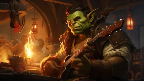 Green Orc Playing Guitar in a Tavern Painting