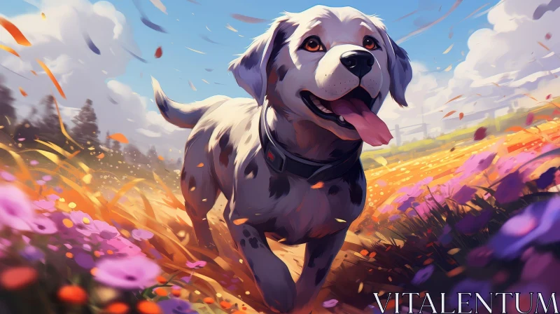 Joyful Dog Running in Field of Flowers AI Image