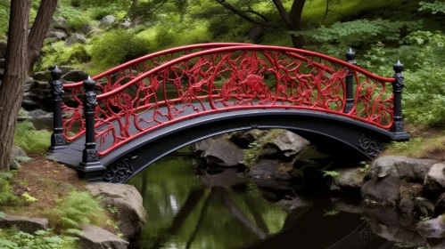 Red Metal Bridge in Lush Green Forest