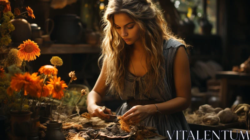Serene Woman with Blond Hair in Rustic Setting AI Image