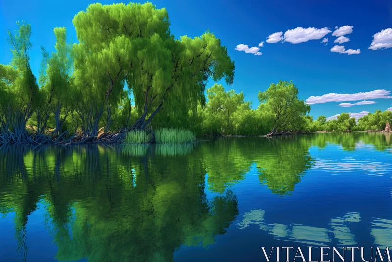 AI ART Surreal 3D Landscape: Green Trees and River Background Wallpaper