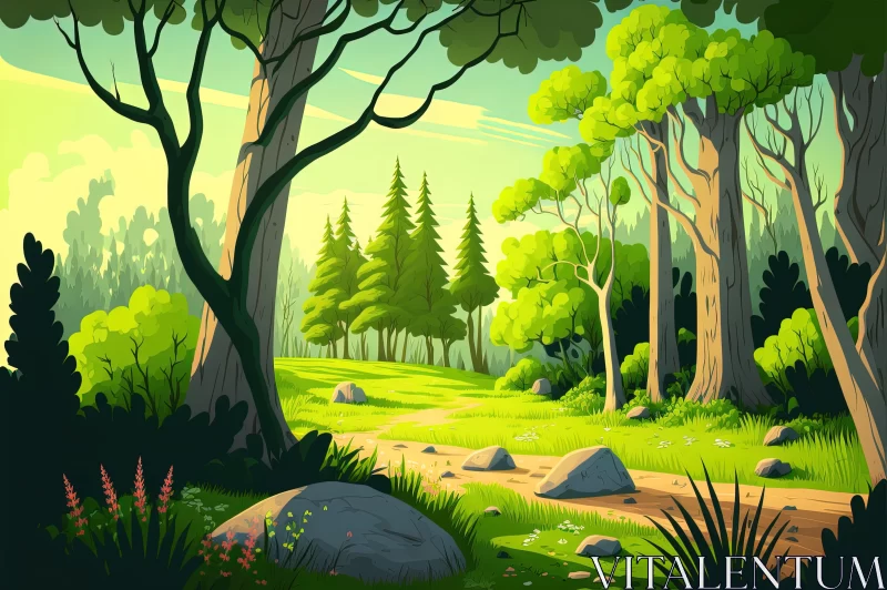Whimsical Cartoon Forest Illustration with Lush Green Trees and Path AI Image