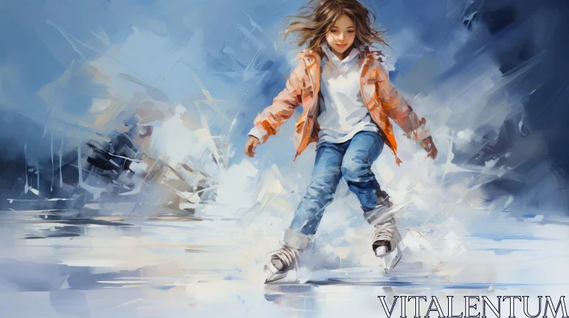 AI ART Young Girl Ice Skating on Frozen Lake