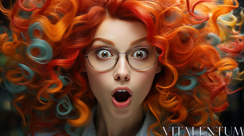AI ART Young Woman with Curly Red Hair in Surprise Expression
