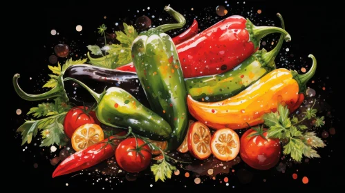 Colorful Chili Peppers, Tomatoes, and Eggplants Watercolor Painting