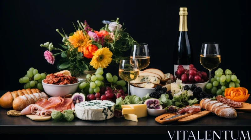 Elegant Still Life Table Setting with Wine and Cheese AI Image