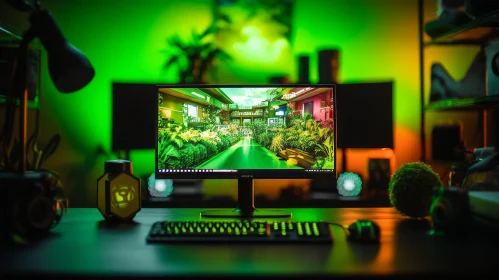 Green Monitor Gaming Setup
