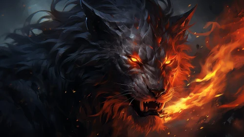 Intense Black Lion Digital Painting with Fire
