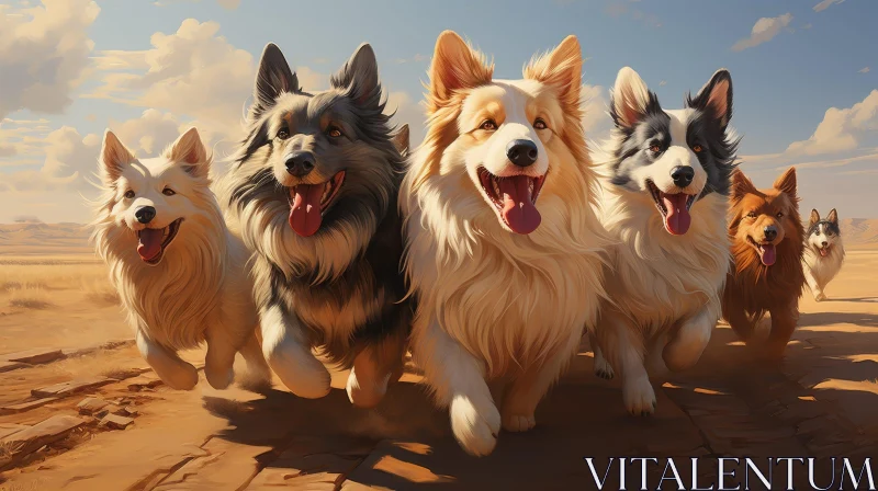 Pack of Dogs Running in Desert Landscape AI Image