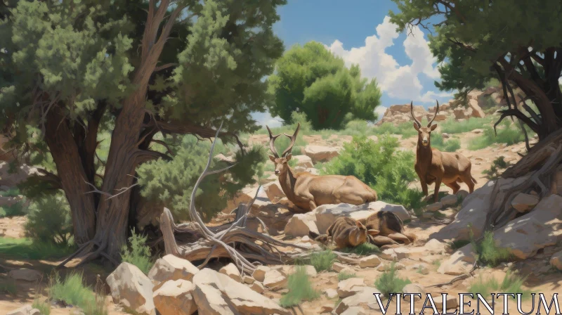 AI ART Tranquil Deer Trio in Rocky Landscape