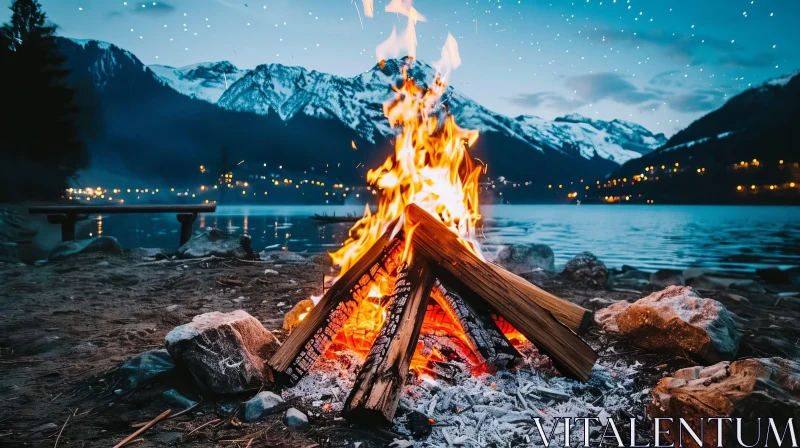 AI ART Bonfire by the Lake: Serene Nature Scene