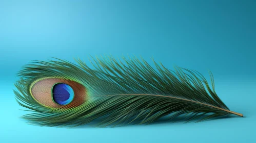 Dark Green Peacock Feather on Blue Background