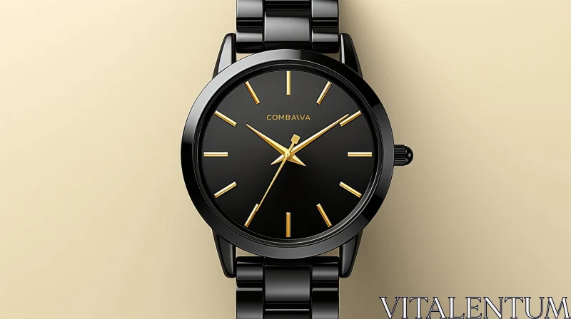 Elegant Black Wristwatch with Gold Hands and Metal Bracelet AI Image